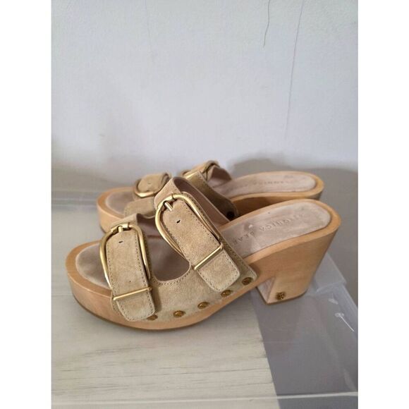 Veronica Beard Halifax Suede Dual Buckle Open Toe High Heel Clog Shoe In Desert - Picture 1 of 9